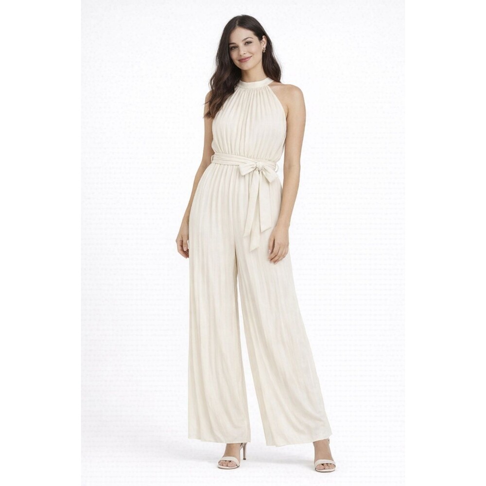 Women's Halter Neck Belted Pleated Wide Leg Jumpsuit Sz XS Bridal Elegant Chic‎